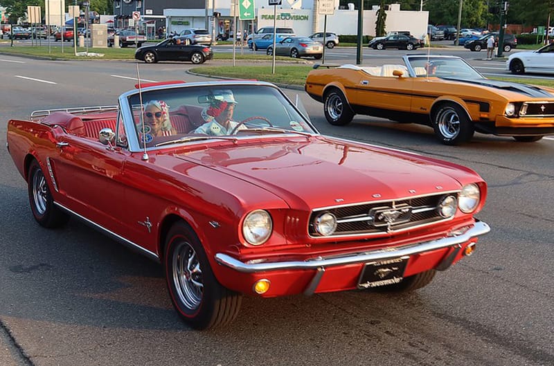 Red first generation Ford Mustang