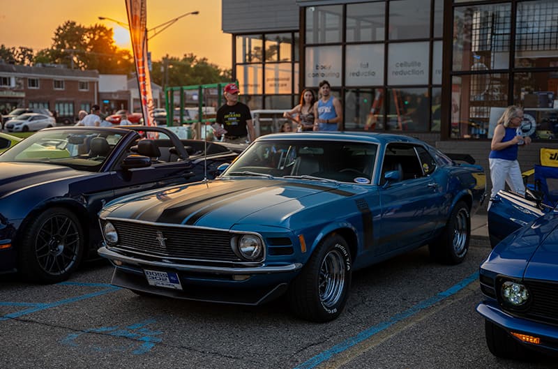 Blue Boss Mustang parked at hobby shop