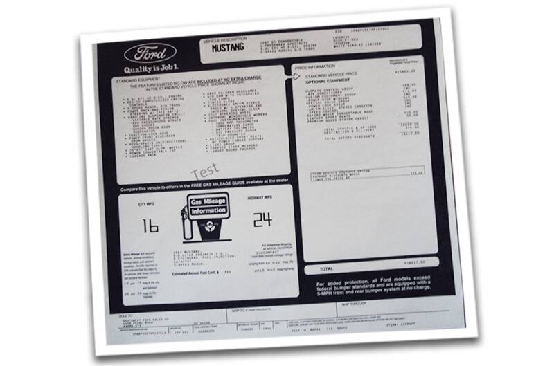 Window sticker for 87-89 Mustangs