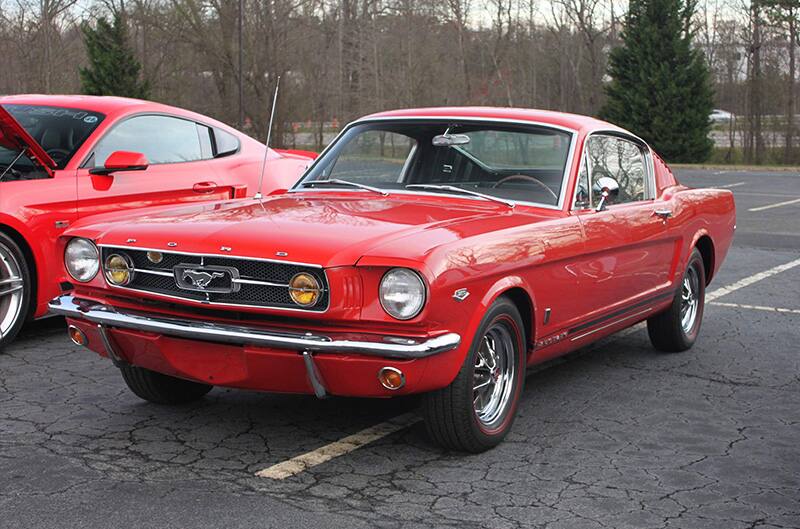 Red Mustang in Parking lot