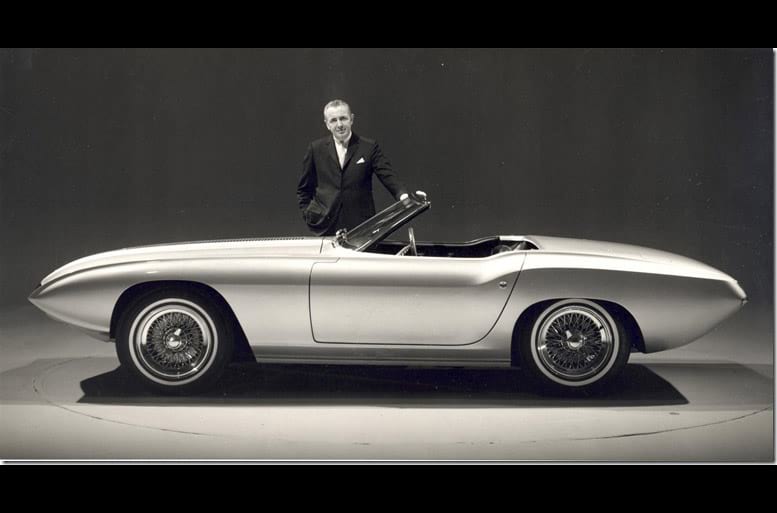 Gene Bordinat, former Vice President of Ford Styling, is pictured with the Bordinat Cobra built on Shelby Cobra chassis