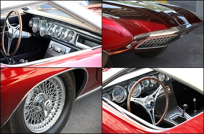 A photo collage showing the front grille, tires, steering wheel, leather-padded dashboard and center console of the Cougar II