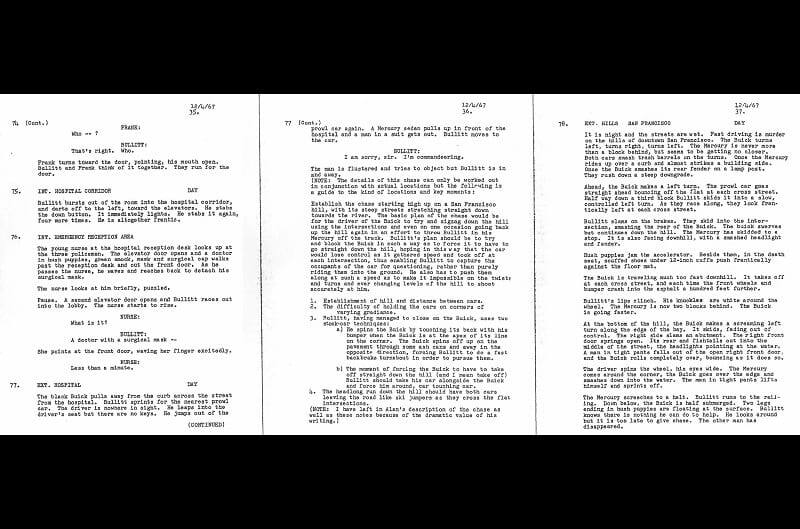 Copies of the three pages from a Dec. 4, 1967 version of the ‘Bullitt’ script that showed an entirely different chase scene than what appeared on screen