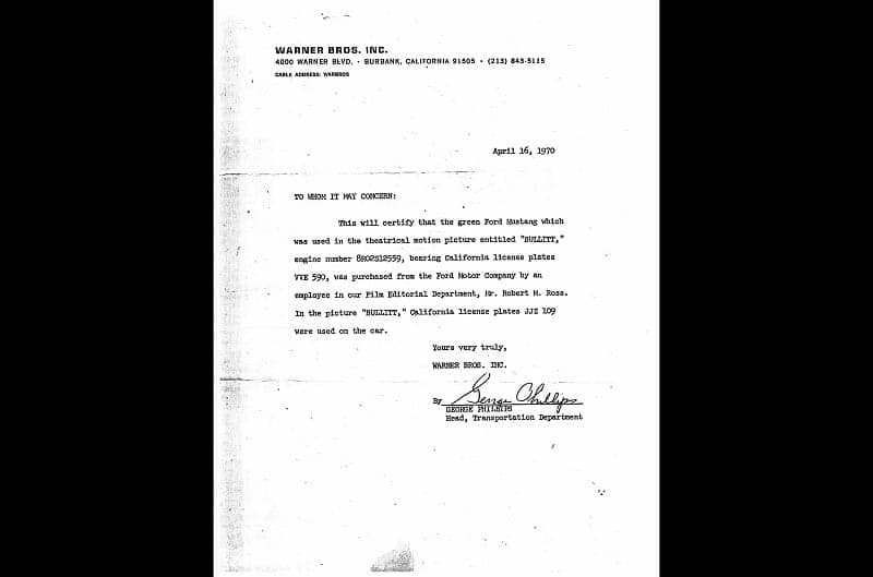 A copy of the letter from April 1970 confirming the 1968 Mustang that Ross was selling is from the movie