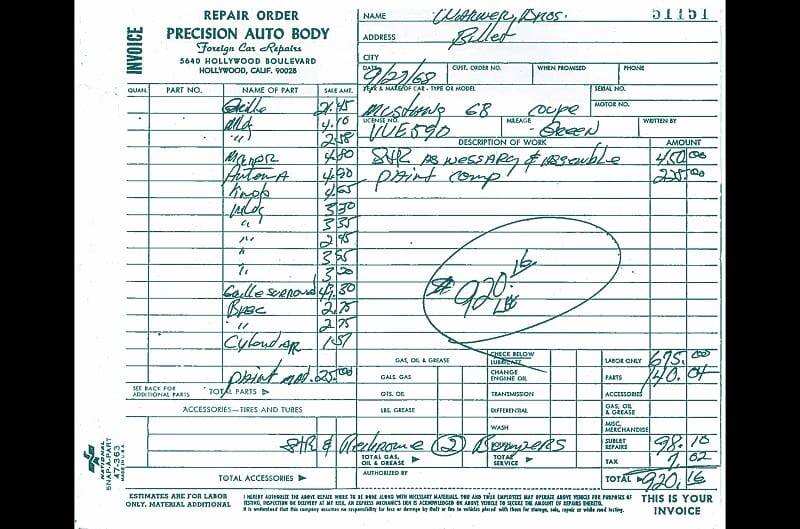 A receipt from Precision Auto Body shop that documented the repair it needed in September 1968