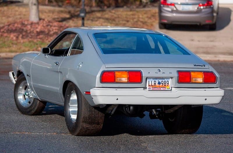 Rear of the 1975 silver Mustang