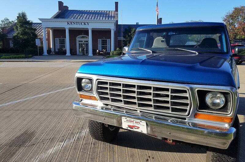 Blue Bronco in front of a Kentucky building