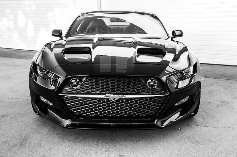 Close up front of black Mustang Rocket