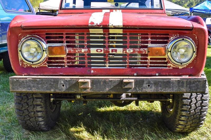 Close up front view of red Bronco