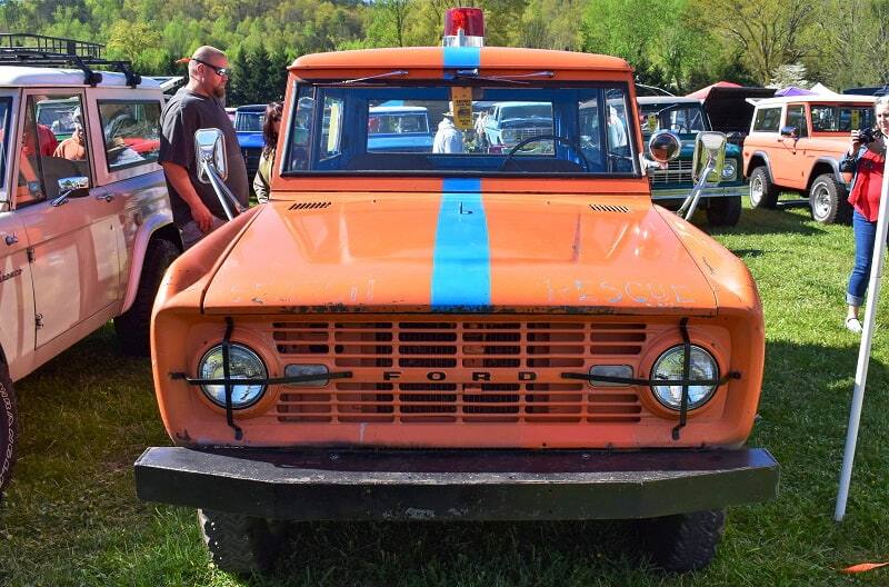 Close up front view of orange Bronco