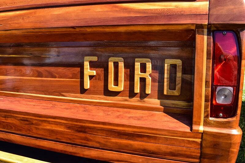 Close up of Ford impinted on wooden styled Bronco