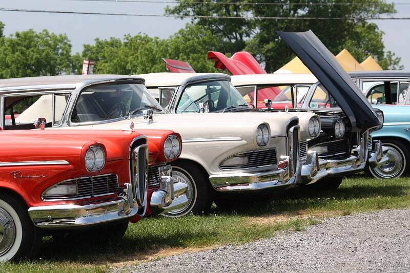 Various Mustangs in a line on display in the grass