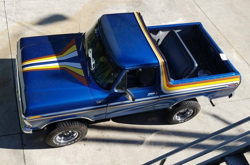 Overhead shot of blue Bronco with trunk hatch off