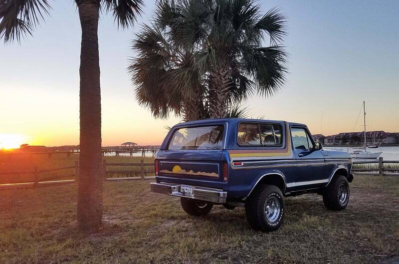 Rear profile of blue Bronco on grass with palm trees by water