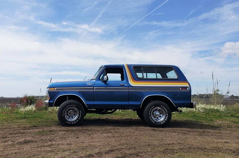 Profile of blue Bronco in grass field