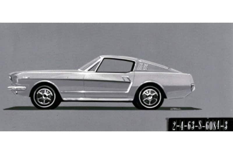 Black and white ad of profile of Mustang