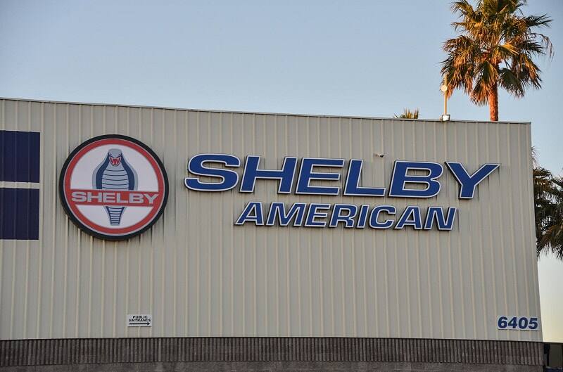 The Shelby American building with the Shelby snake logo