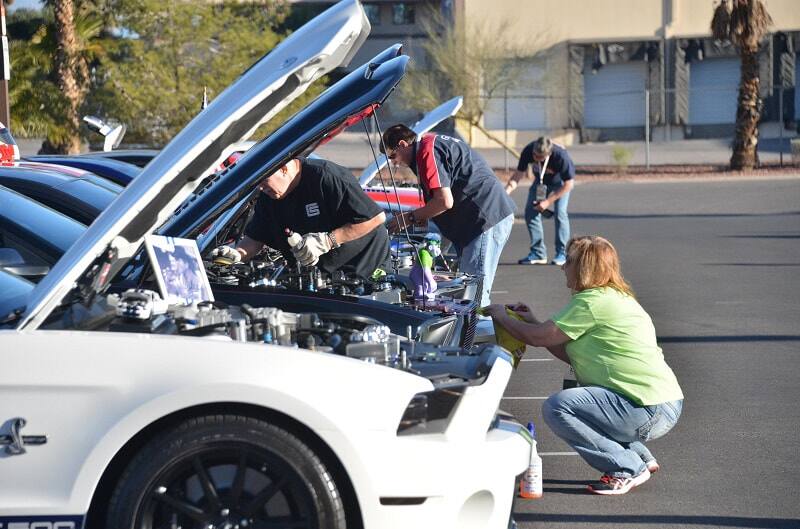 Various Shelbys parked in a lot with hoods up and people working on them