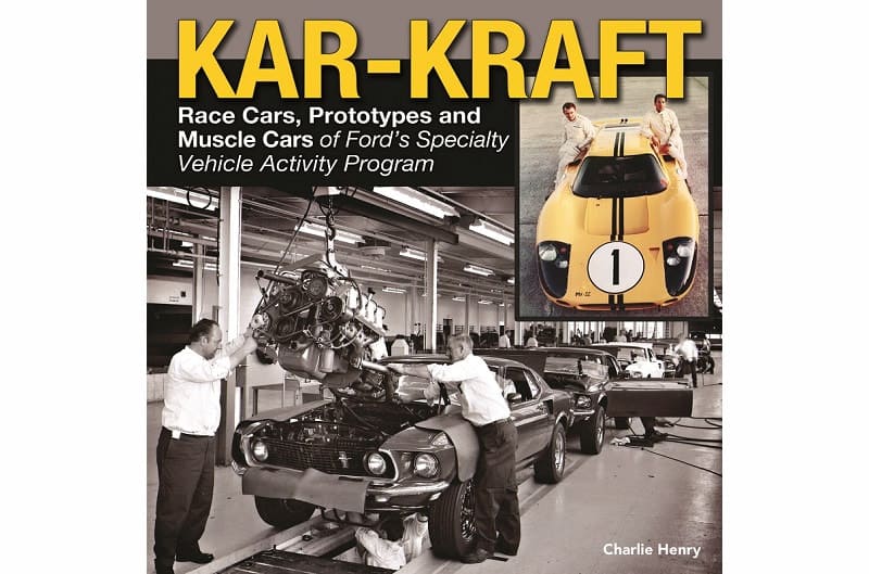Old Kar Kraft advertisement of mechanics installing an engine in a Mustang in an assembly line