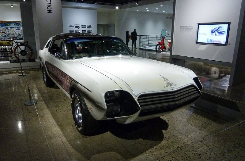 Front of white Hirohata Mercury on display in museum