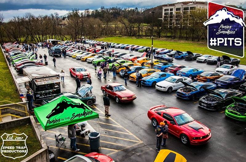 Overhead shot All Ford Cruise In show with a parking lot full of Fords