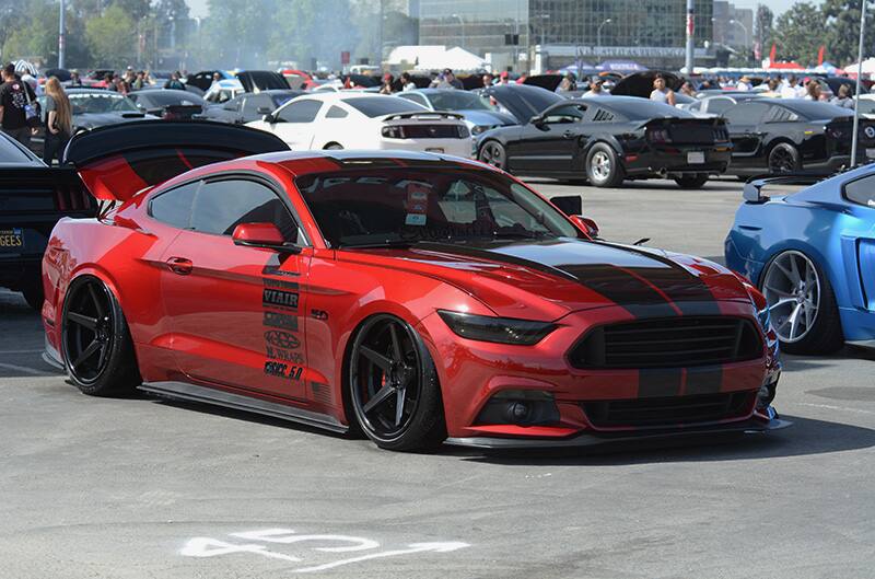 Front profile of red Shelby Mustang in parking lot in front of various Fords