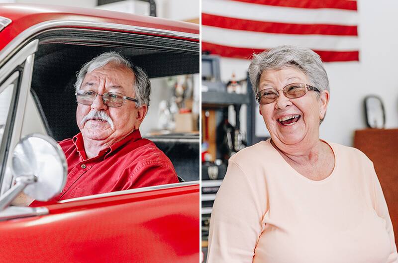 Side by side photo of Jack in the red Mustang and Helen looking and laughing