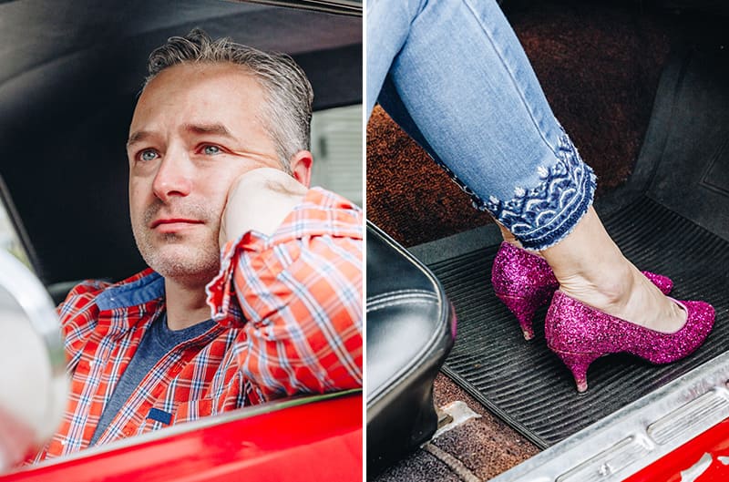 Side by side photos of David in the front seat of red Mustang and Lindas feet on the floor with sparkly pink heels