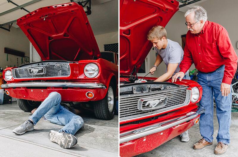 Side by side photos of someone working under the red Mustang with hood open and Jack showing Tyler how to work under the hood