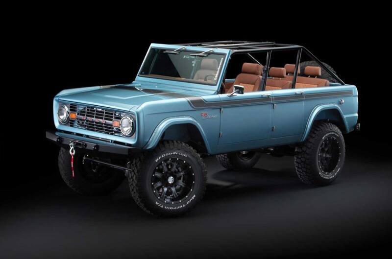 Front profile of light blue Bronco with windows and roof off