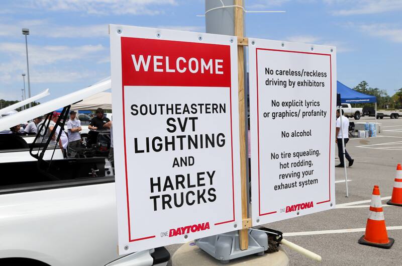 Welcome sign and rules for looking at SVT Lightnings and Harley Trucks