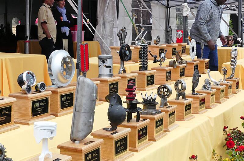 Close up of various trophies on display