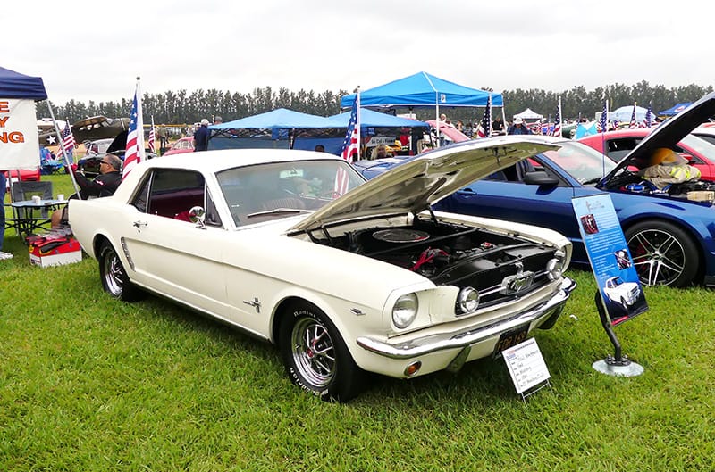 Front profile of white Mustang with hood open on the grass