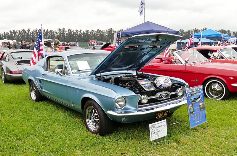 Front profile of light blue Mustang with hood open on the grass