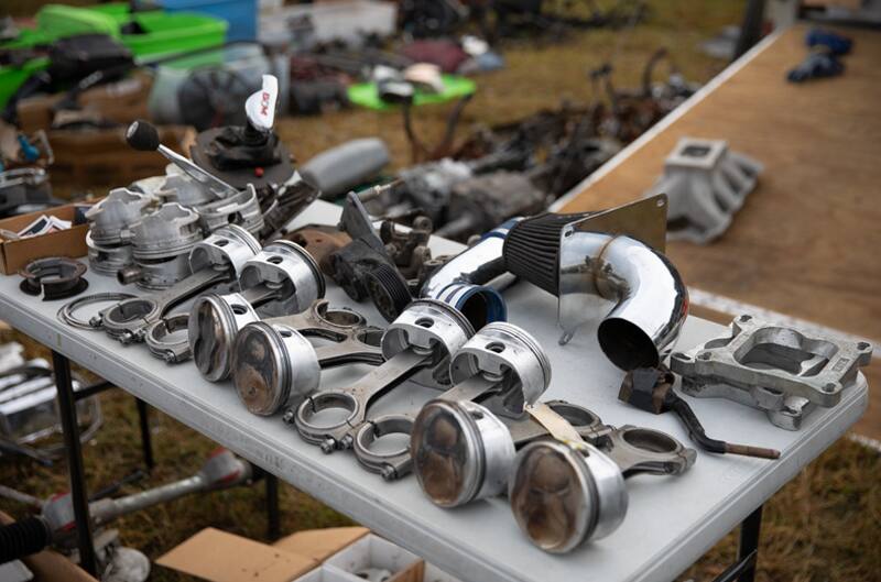 Close up of a table of car parts