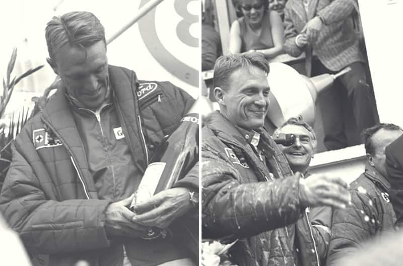 Black and white side by side photos of Dan Gurney celebrating