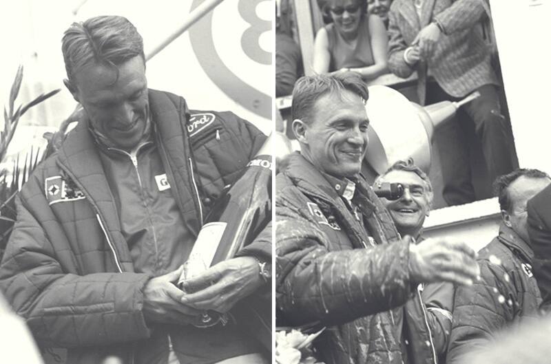 Black and white side by side photos of Dan Gurney celebrating