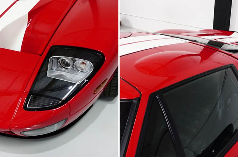 Side by side photos of the close up front headlight and roof of the red GT