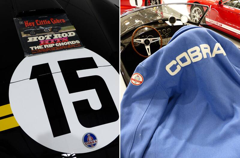 Side by side photos of number 15 on the hood of a Cobra and a Cobra jacket on a car