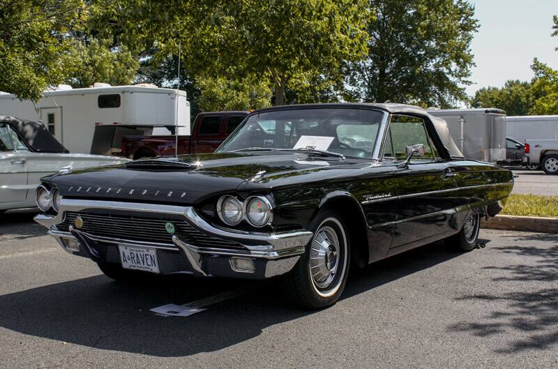 Front profile of black Thunderbird droptop in parking lot