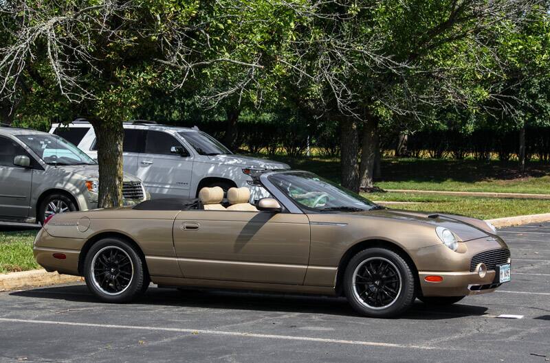 Profile of brown Thunderbird Baby Bird with roof down in parking lot