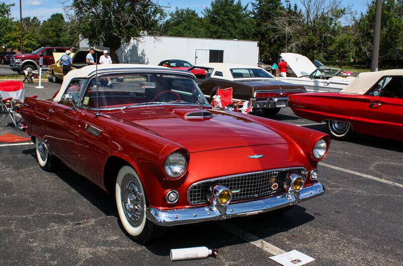 Rear profile of red Thunderbird droptop in parking lot