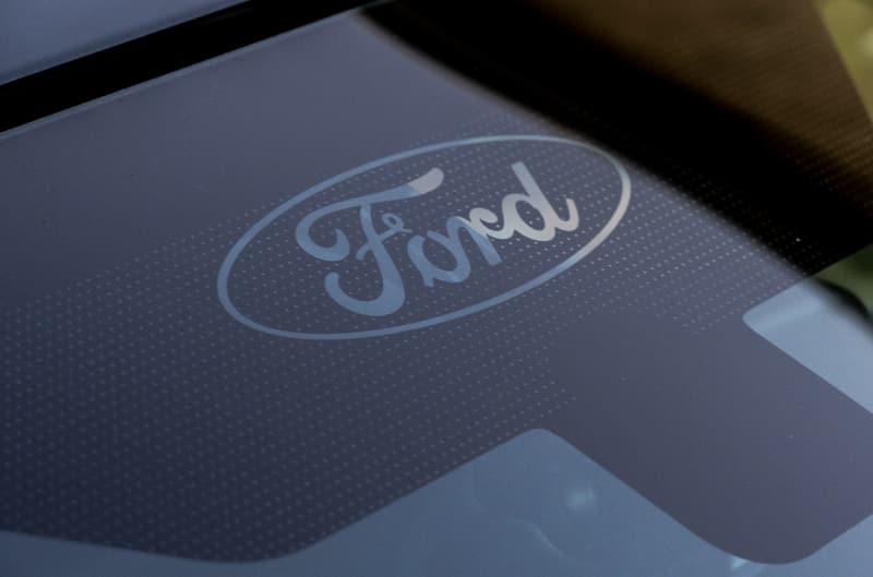 Close up of Ford logo on top of windshield