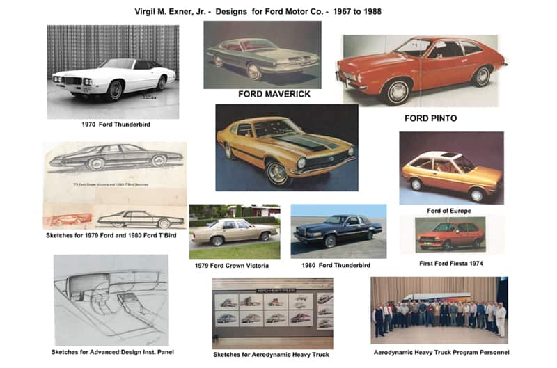 A collage of various Ford vehicles and sketches