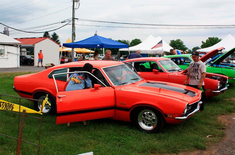 Various Mustangs in a row on the grass with people looking and getting inside a red one