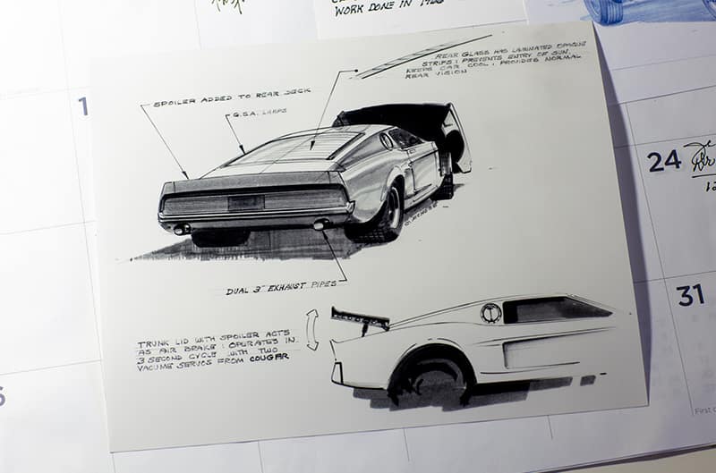 Sketches of the rear and side of the Shelby Mustang GT500