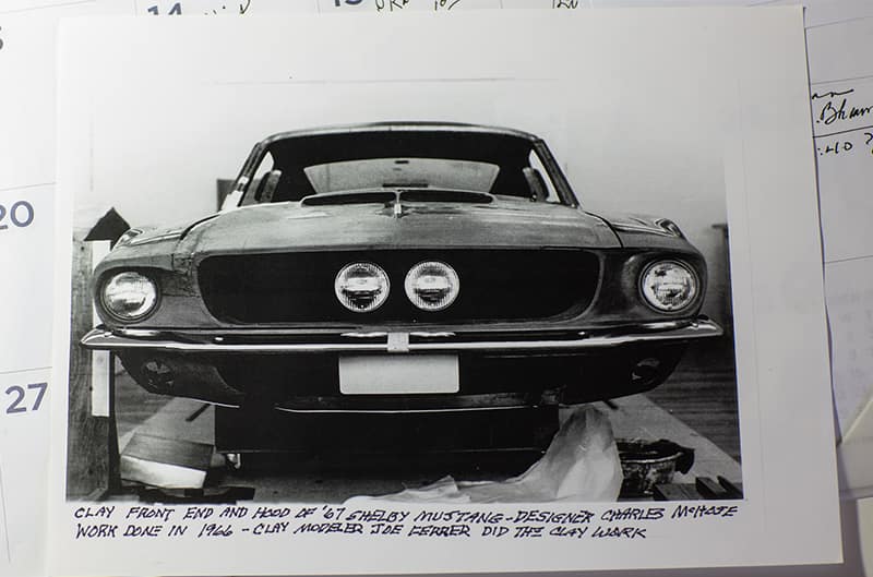 Black and white image of the clay front end of a Shelby Mustang