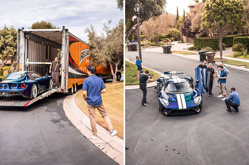 Side by side photos of the Mystichrome GT being put into a truck and people observing it in the street