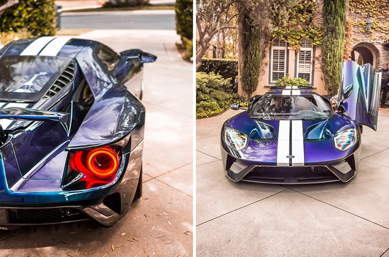 Side by side photos of the rear and front of the Mystichrome GT parked in the driveway