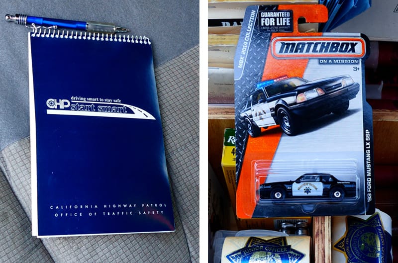 Side by side photos of a notepad and the toy highway patrol car